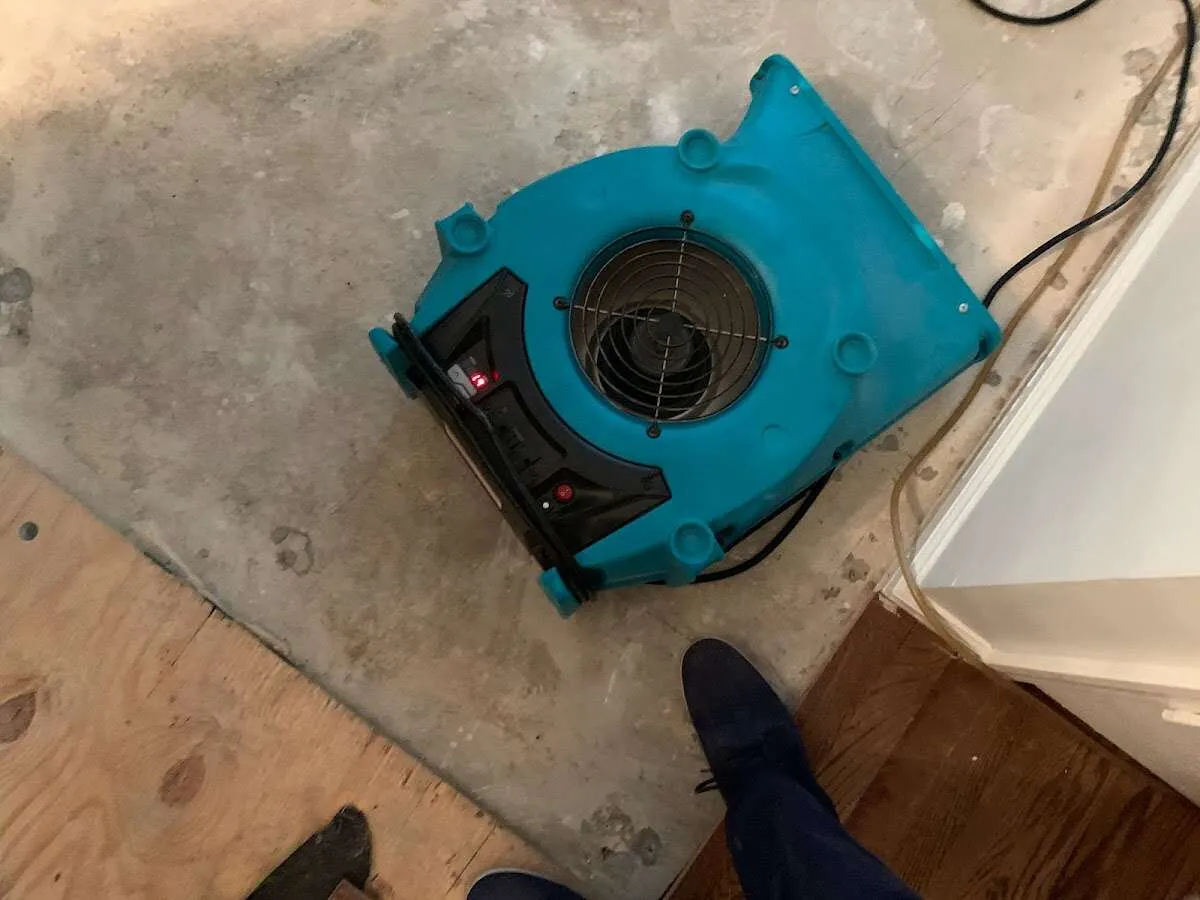 Air mover drying subfloor during Commercial Water Damage Restoration in Canyon Lake